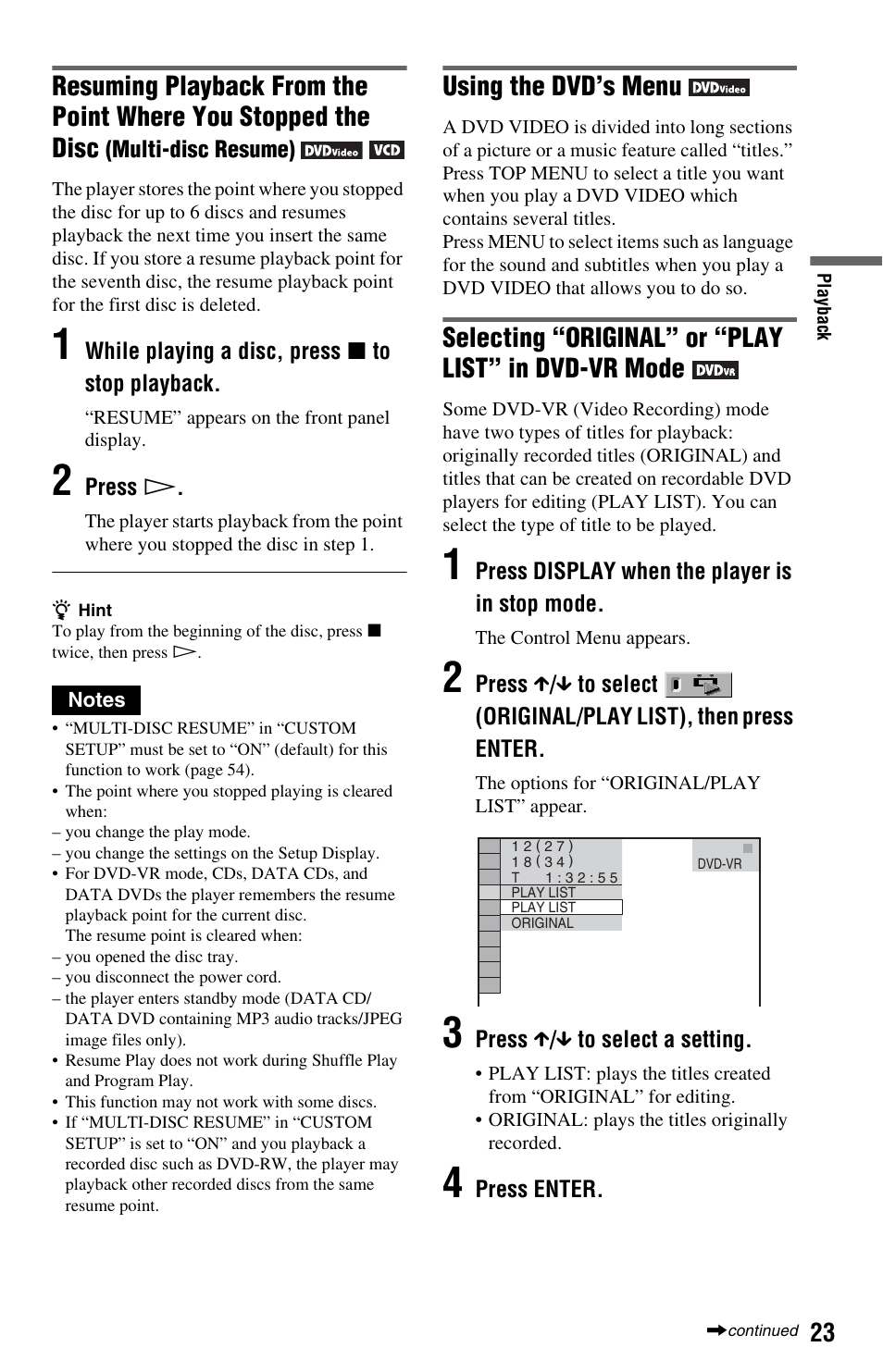 Menu button (23), N (23, Using the dvd’s menu | Selecting “original” or “play list” in dvd-vr mode | Sony DVP-NS64P User Manual | Page 23 / 64