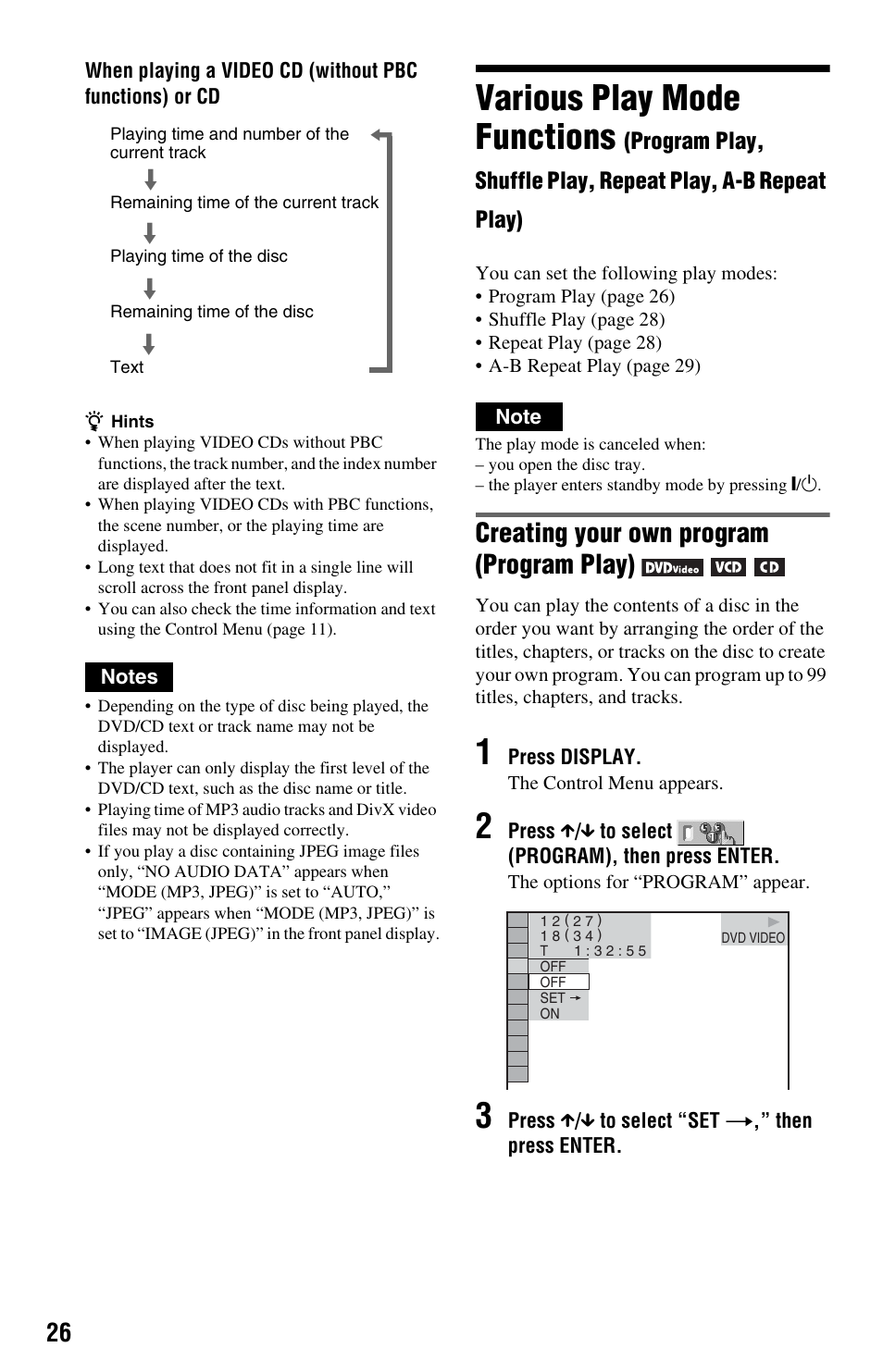 Various play mode functions, Creating your own program (program play) | Sony DVP-NS64P User Manual | Page 26 / 64