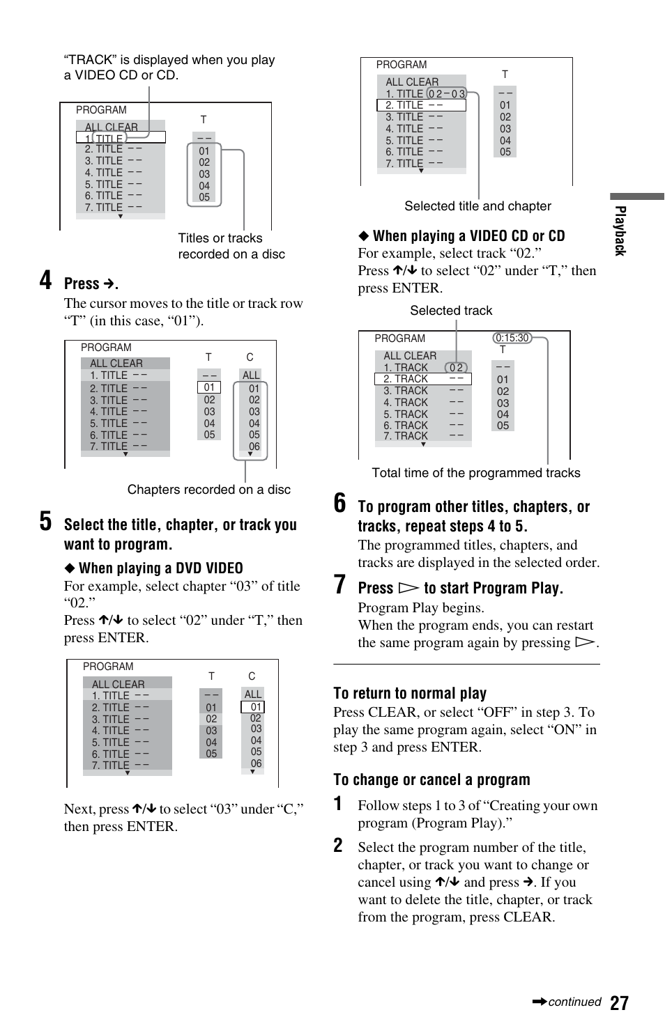 Press c, Press h to start program play | Sony DVP-NS64P User Manual | Page 27 / 64