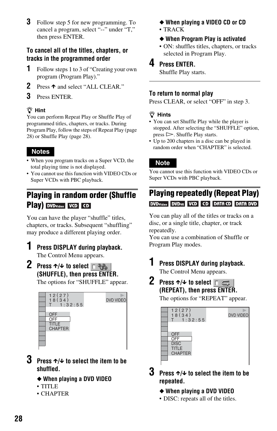 Playing in random order (shuffle play), Playing repeatedly (repeat play) | Sony DVP-NS64P User Manual | Page 28 / 64