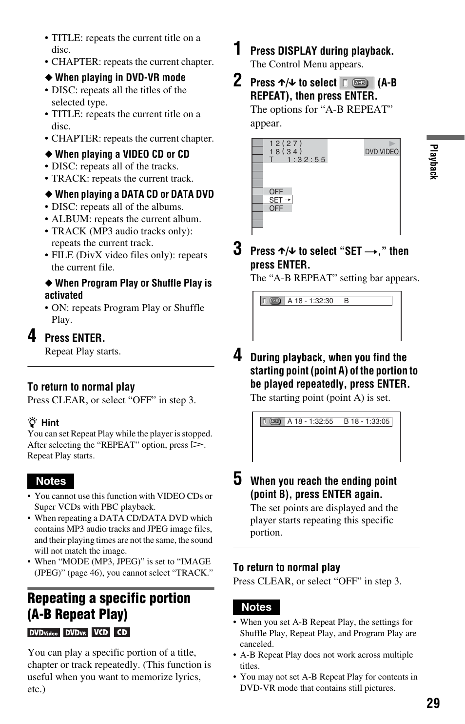 Repeating a specific portion (a-b repeat play) | Sony DVP-NS64P User Manual | Page 29 / 64