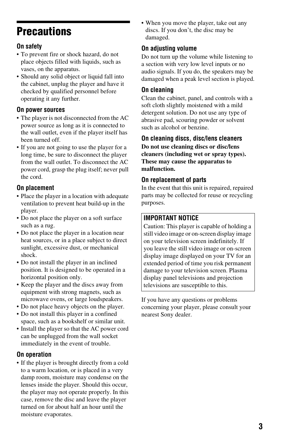 L1 - precautions, Precautions | Sony DVP-NS64P User Manual | Page 3 / 64