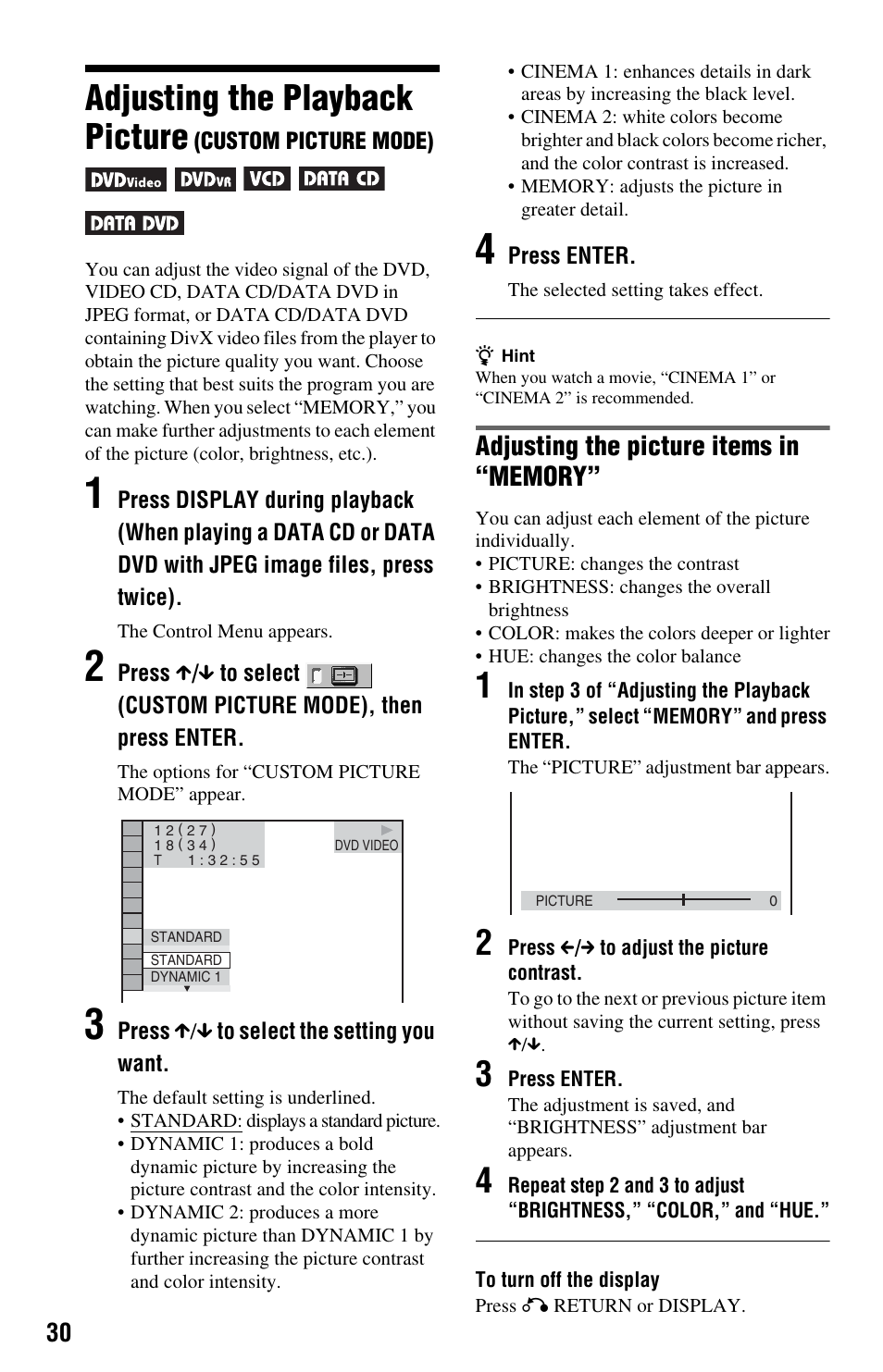 Adjusting the playback picture | Sony DVP-NS64P User Manual | Page 30 / 64