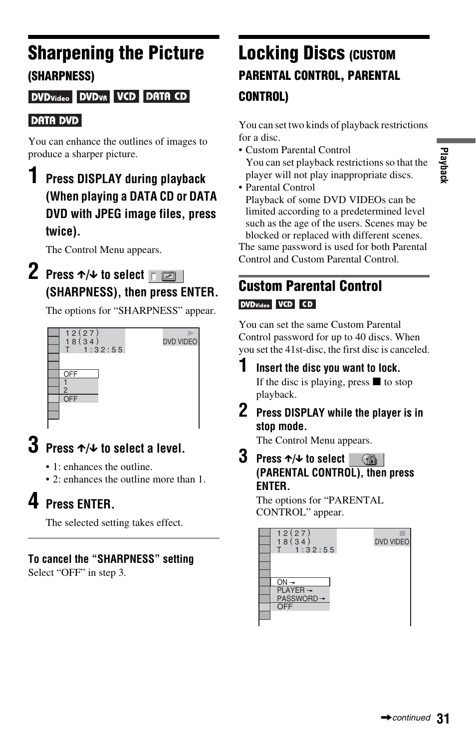 L1 - sharpening the picture (sharpness), Sharpening the picture (sharpness), Locking discs (cus | Sharpening the picture, Locking discs, Custom parental control | Sony DVP-NS64P User Manual | Page 31 / 64