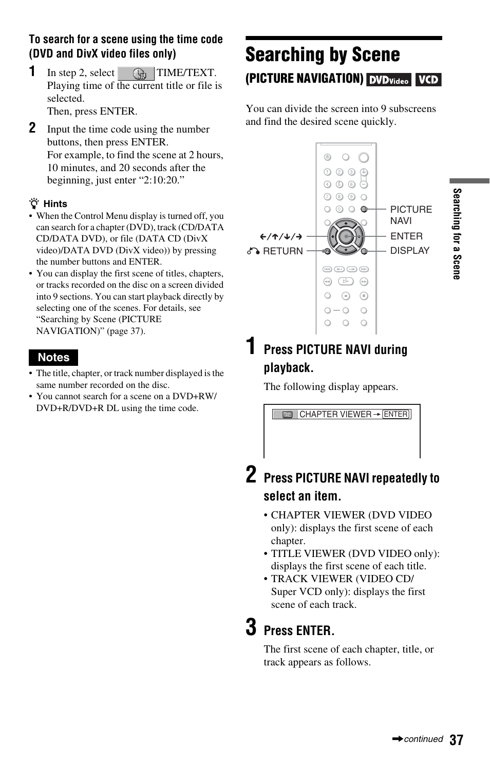 L1 - searching by scene (picture navigation), Searching by scene, Button (37, 44) | Sony DVP-NS64P User Manual | Page 37 / 64