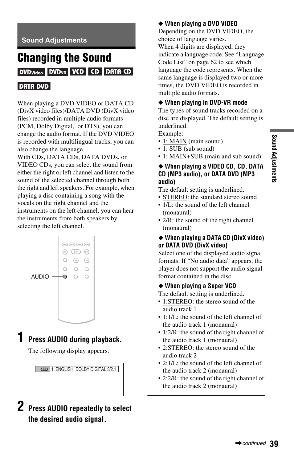 L0 - sound adjustments, L1 - changing the sound, Sound adjustments | Changing the sound, Button (39) | Sony DVP-NS64P User Manual | Page 39 / 64