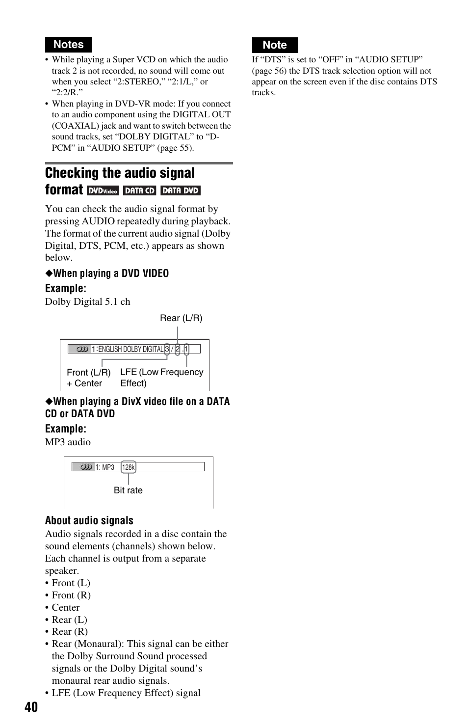 Checking the audio signal format | Sony DVP-NS64P User Manual | Page 40 / 64