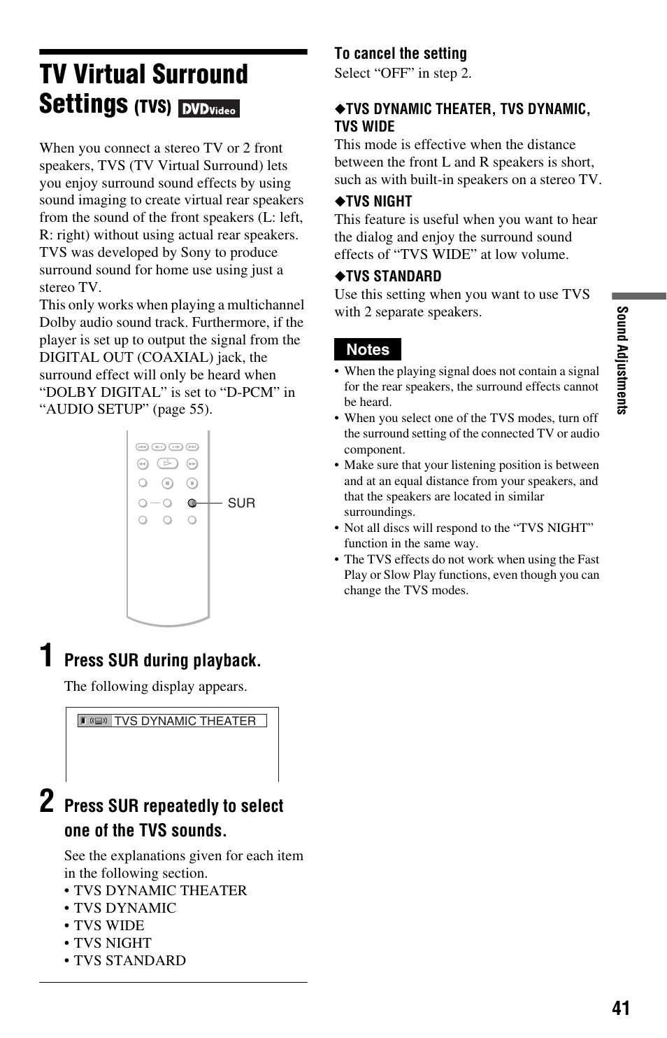 L1 - tv virtual surround settings (tvs), Tv virtual surround settings (tvs), Tv virtual surround settings | Sony DVP-NS64P User Manual | Page 41 / 64