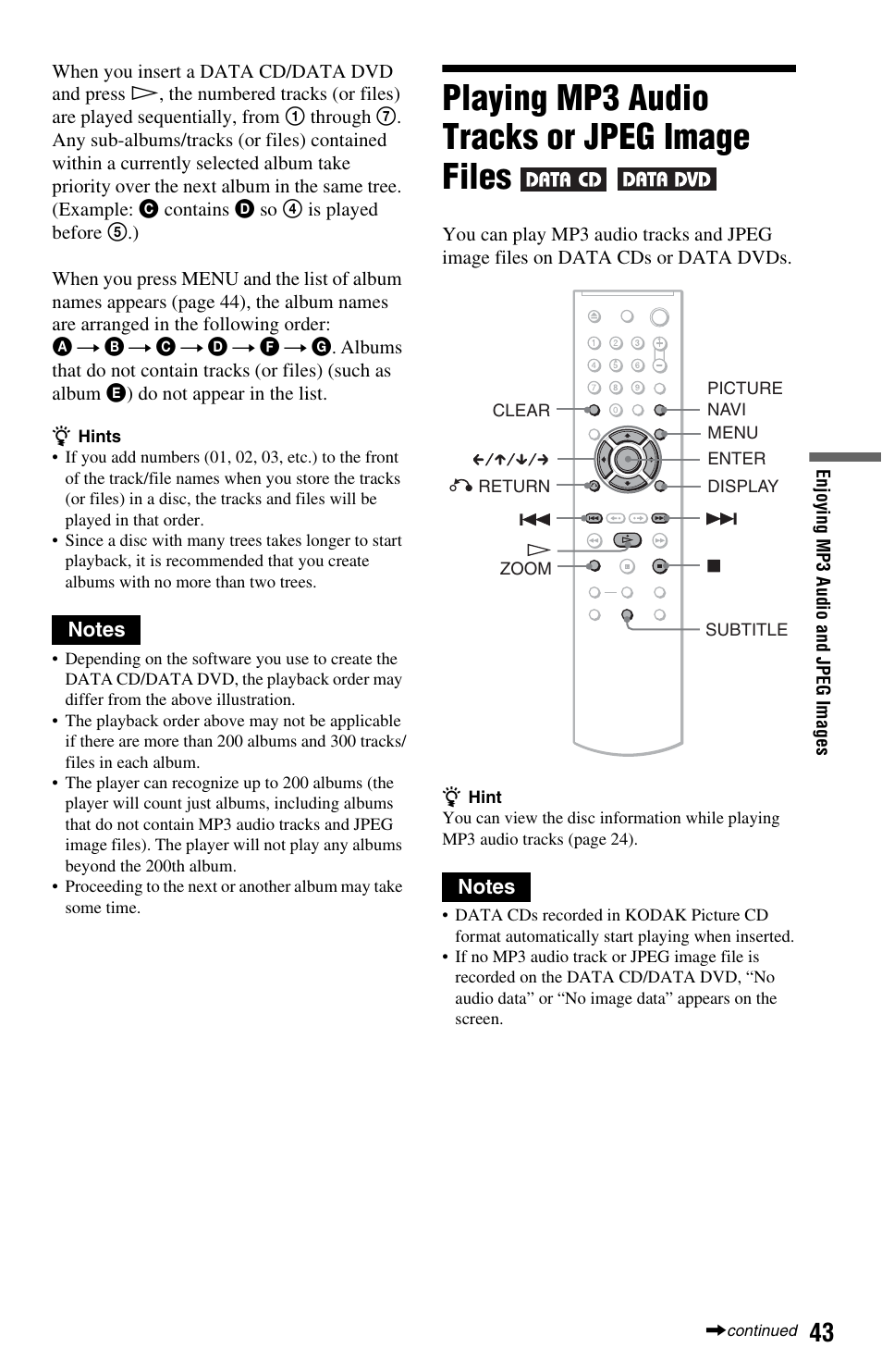 L1 - playing mp3 audio tracks or jpeg image files, Playing mp3 audio tracks or jpeg image files | Sony DVP-NS64P User Manual | Page 43 / 64