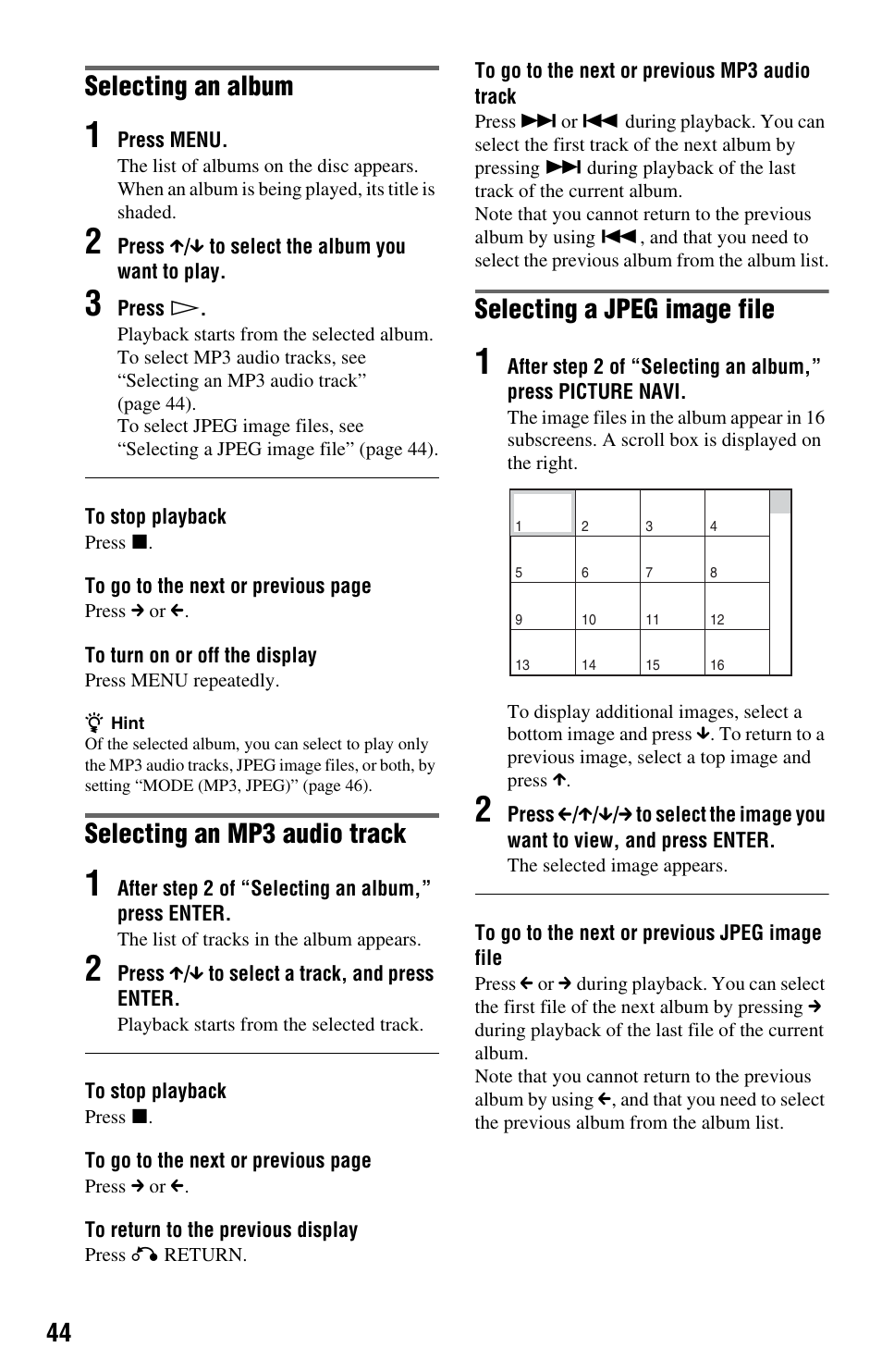 Selecting an album, Selecting an mp3 audio track, Selecting a jpeg image file | Sony DVP-NS64P User Manual | Page 44 / 64