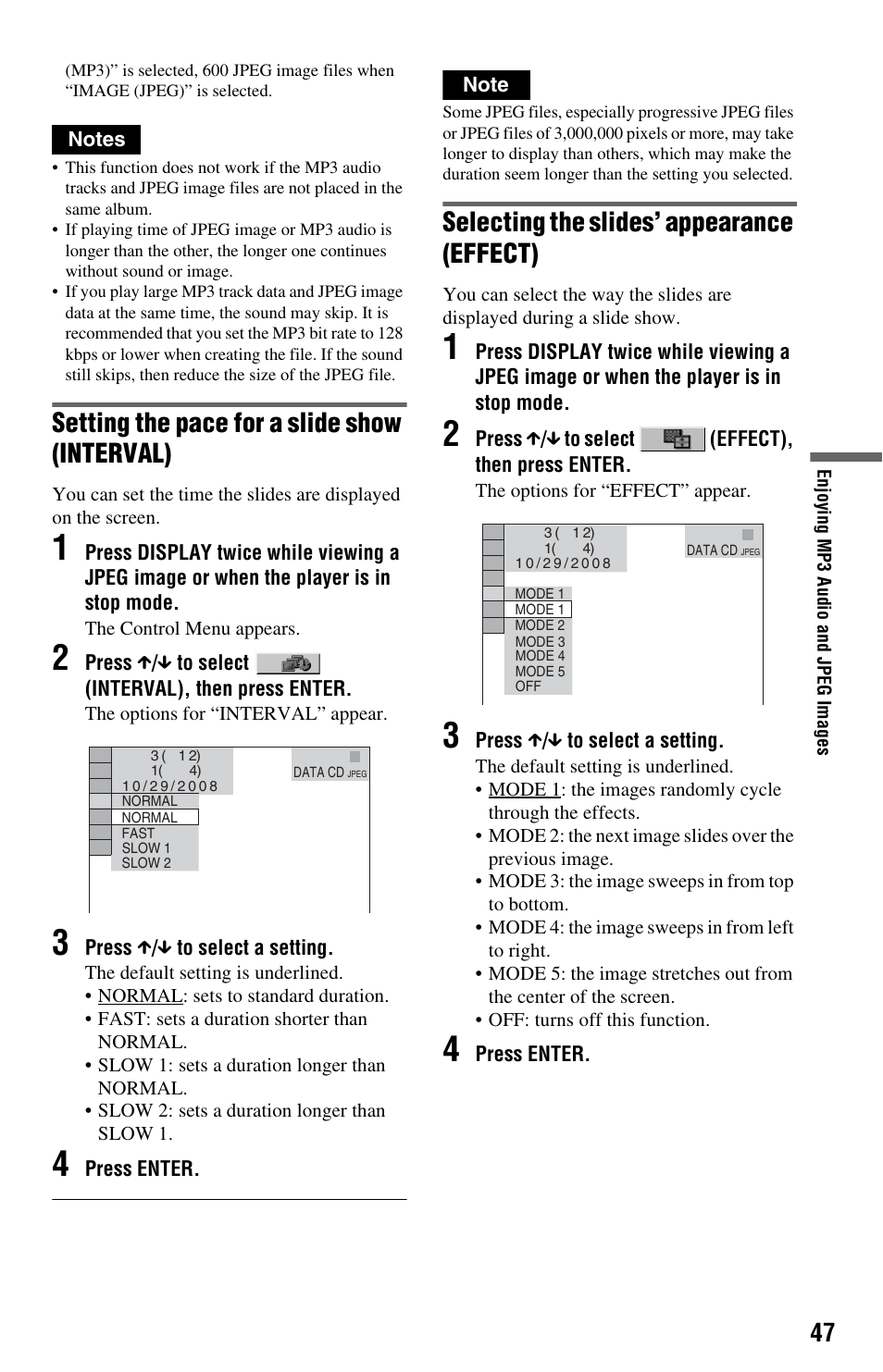 Setting the pace for a slide show (interval), Selecting the slides’ appearance (effect) | Sony DVP-NS64P User Manual | Page 47 / 64