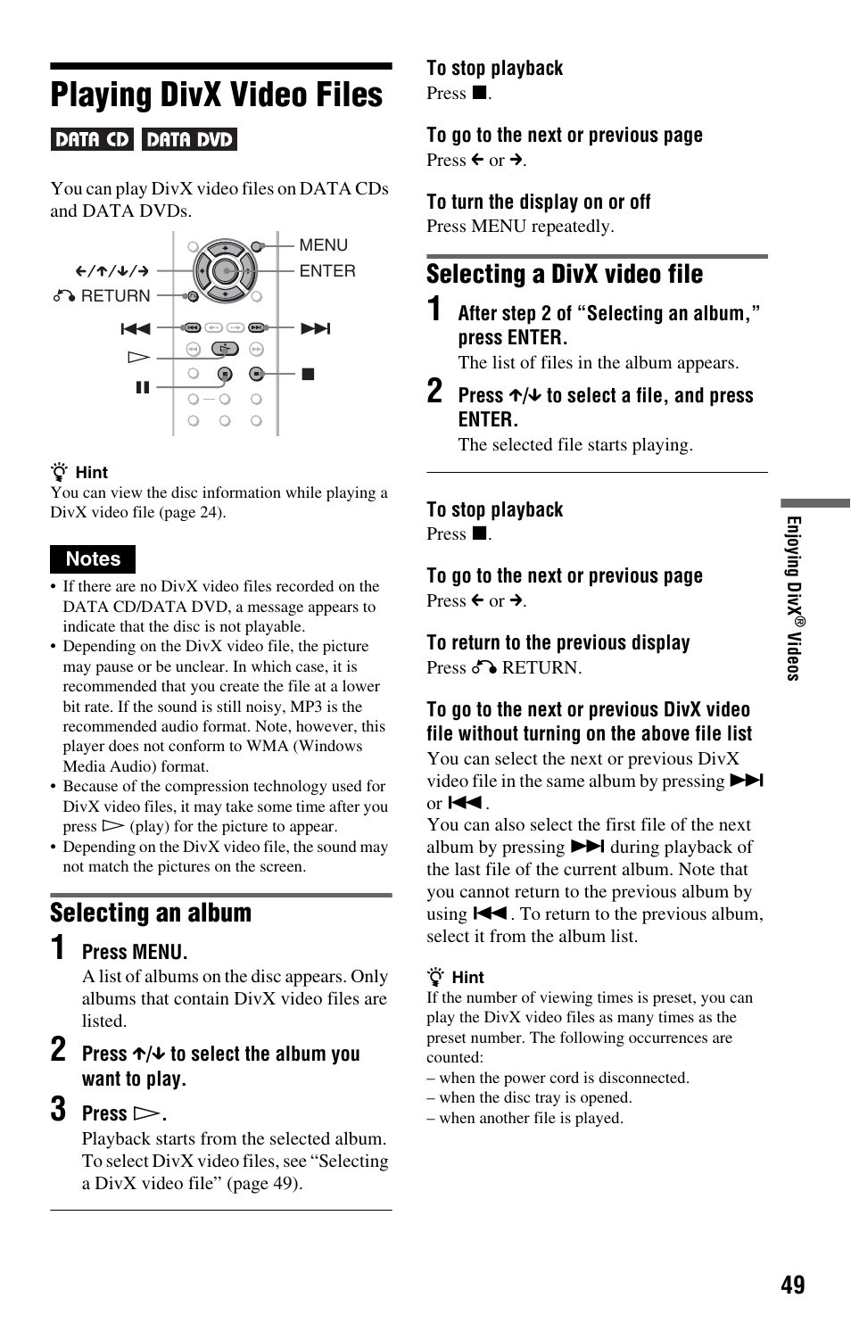 Playing divx video files, Selecting an album, Selecting a divx video file | Sony DVP-NS64P User Manual | Page 49 / 64