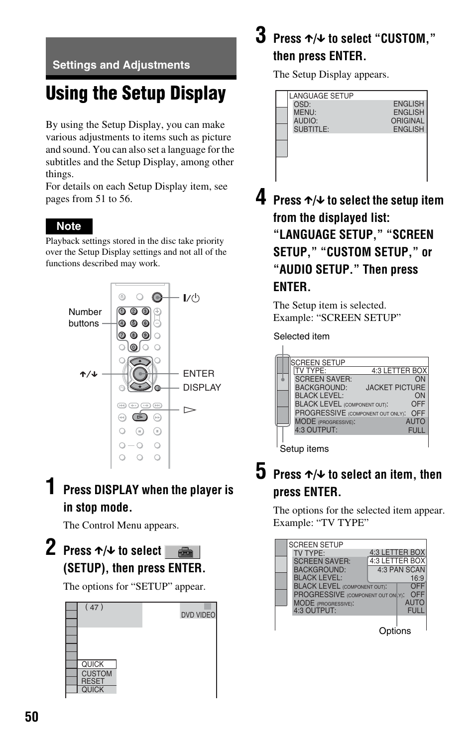 L0 - settings and adjustments, L1 - using the setup display, Settings and adjustments | Using the setup display, Press display when the player is in stop mode, Press x / x to select (setup), then press enter, Press x / x to select “custom,” then press enter, Press x / x to select an item, then press enter | Sony DVP-NS64P User Manual | Page 50 / 64