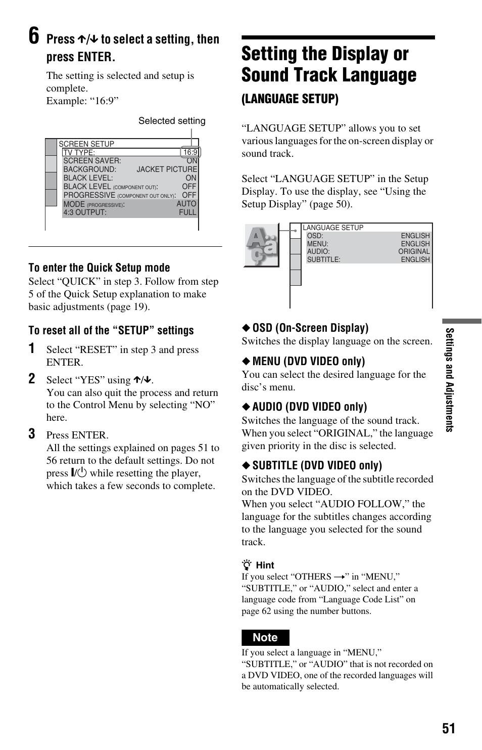 Setting the display or sound track language, Press x / x to select a setting, then press enter, Language setup) | Sony DVP-NS64P User Manual | Page 51 / 64