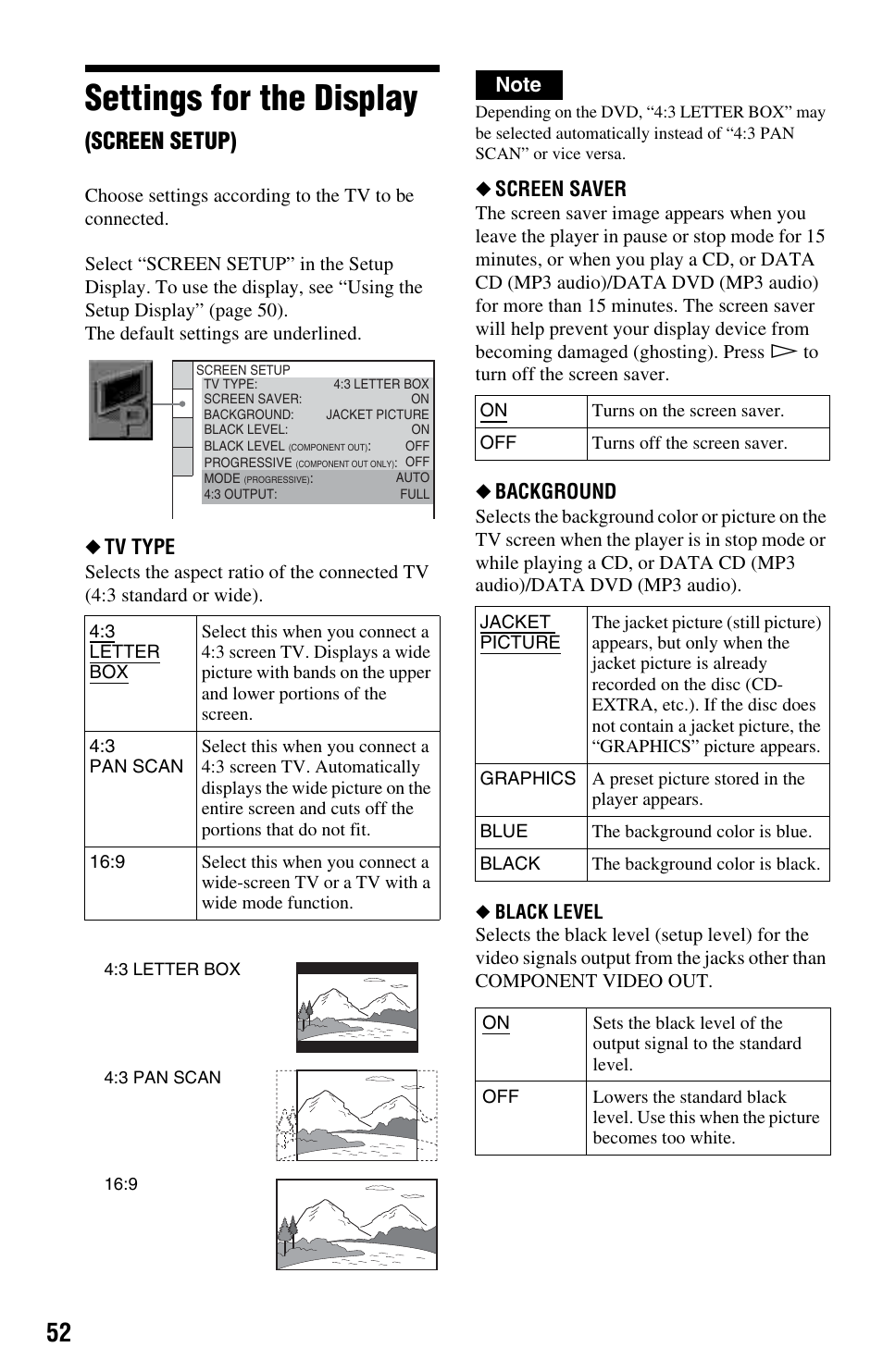 L1 - settings for the display (screen setup), Settings for the display (s, Settings for the display | Screen setup), Tv type, Screen saver, Background | Sony DVP-NS64P User Manual | Page 52 / 64