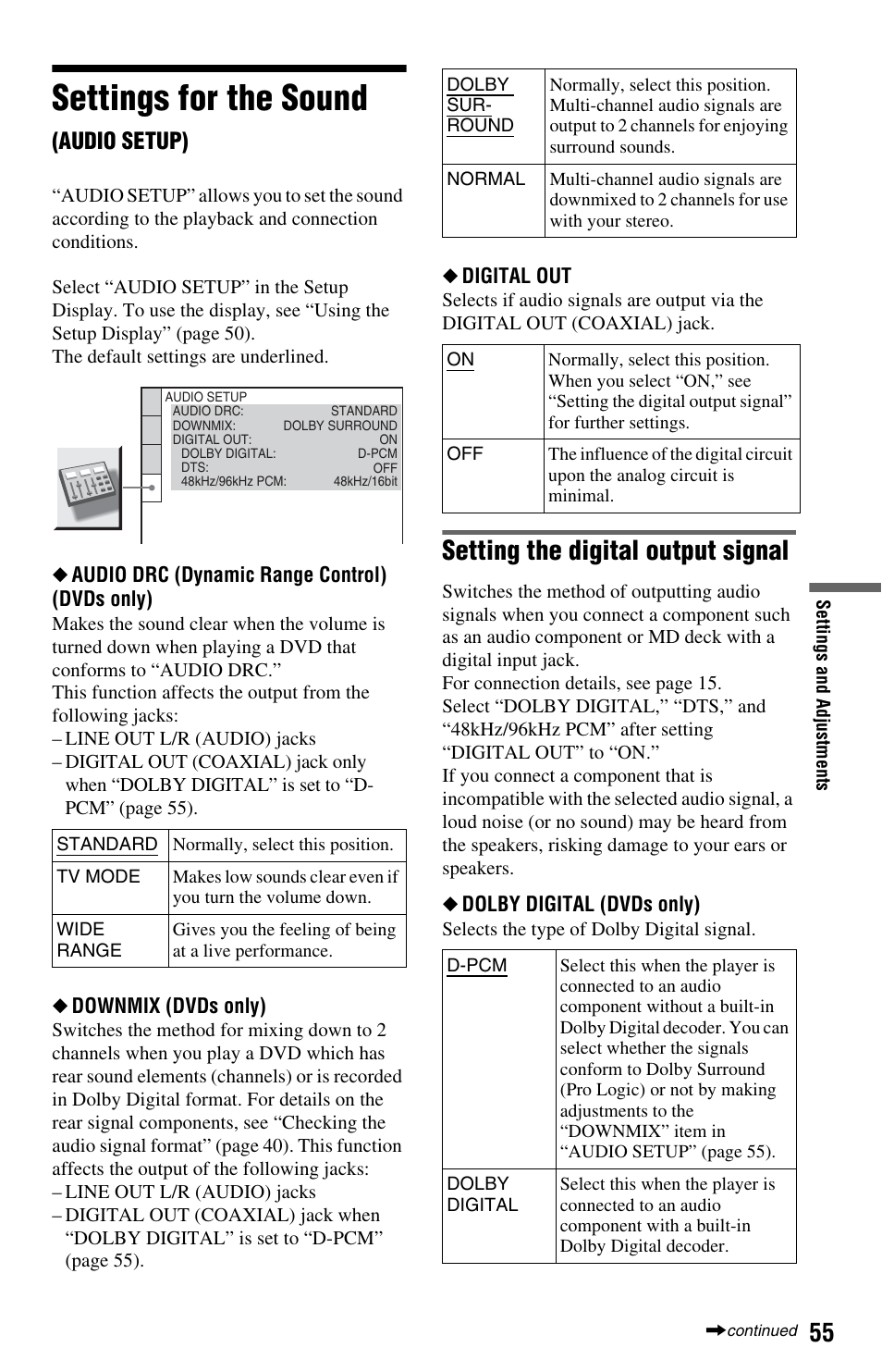 L1 - settings for the sound (audio setup), Settings for the sound (audio setup), Settings for the sound | Setting the digital output signal, Audio setup) | Sony DVP-NS64P User Manual | Page 55 / 64