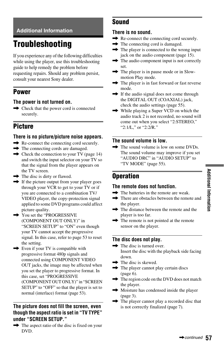 L0 - additional information, L1 - troubleshooting, Additional information | Troubleshooting, Power, Picture, Sound, Operation | Sony DVP-NS64P User Manual | Page 57 / 64