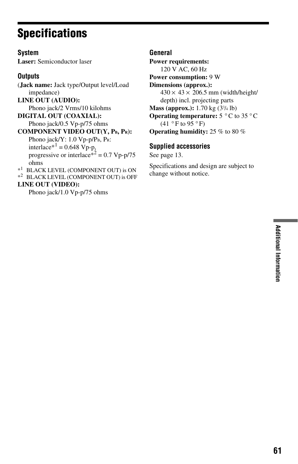 L1ac - specifications, Specifications | Sony DVP-NS64P User Manual | Page 61 / 64