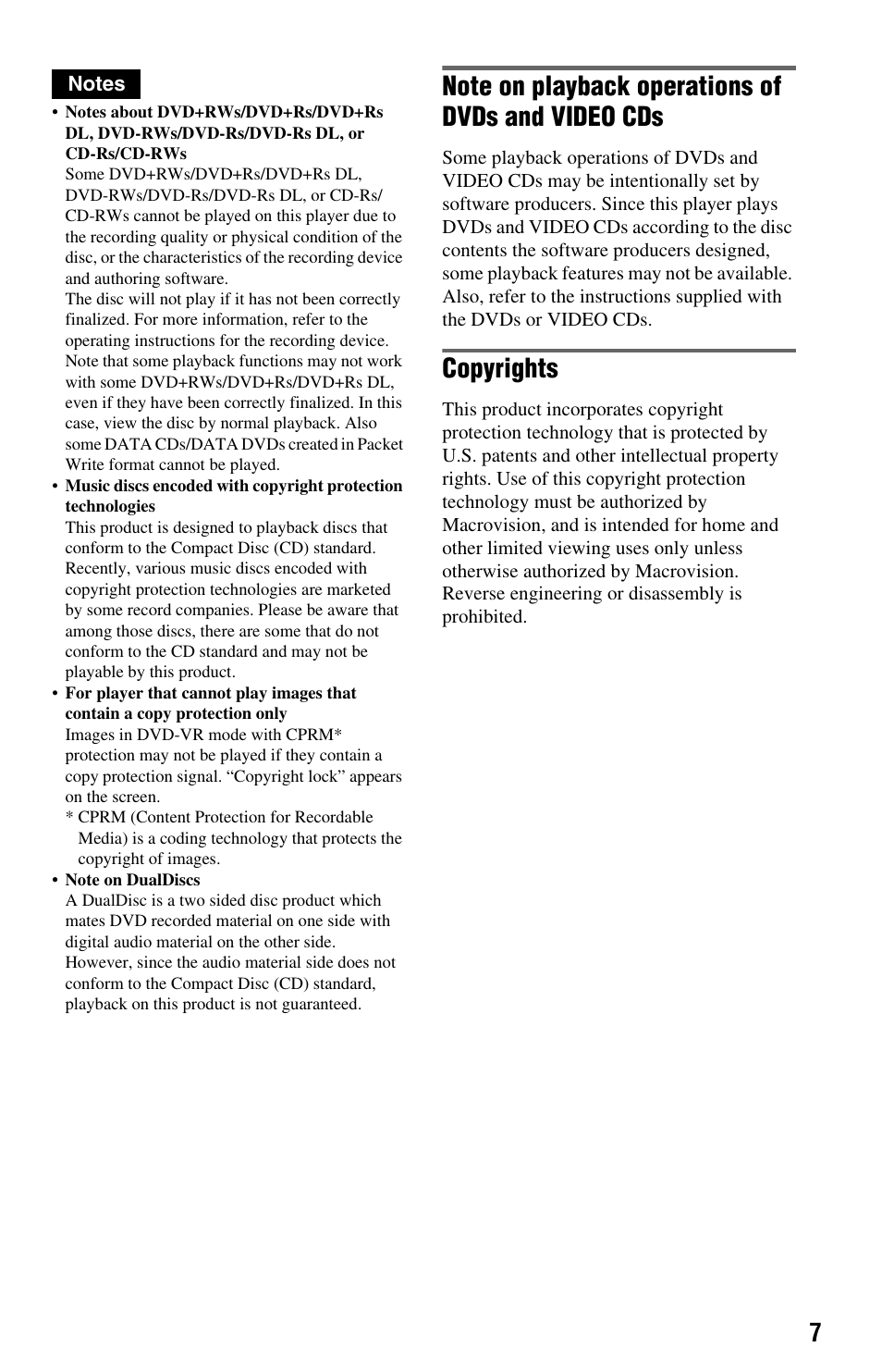 Copyrights | Sony DVP-NS64P User Manual | Page 7 / 64
