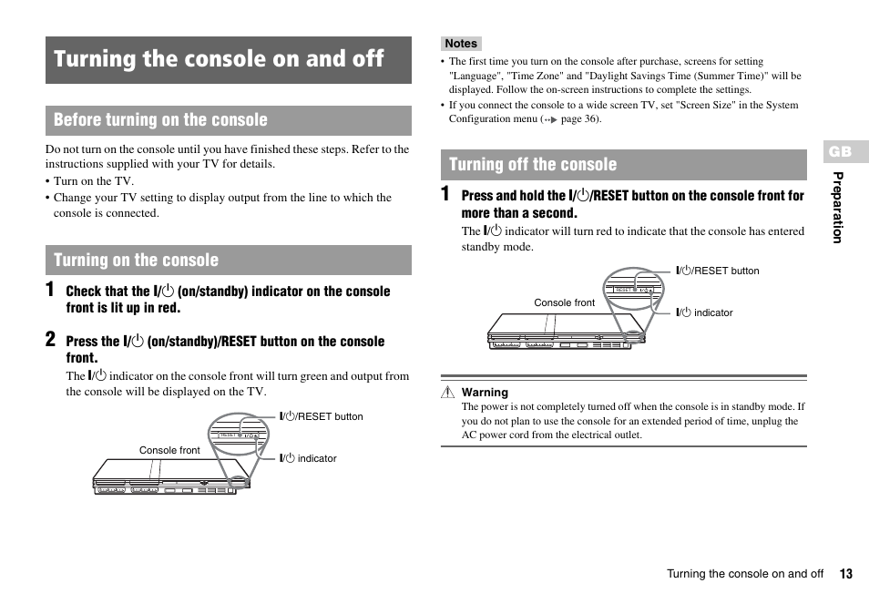 Turning the console on and off, Turning off the console | Sony SCPH-75006 User Manual | Page 13 / 104