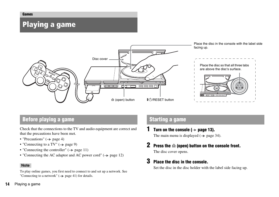 Games, Playing a game, Before playing a game starting a game | Sony SCPH-75006 User Manual | Page 14 / 104