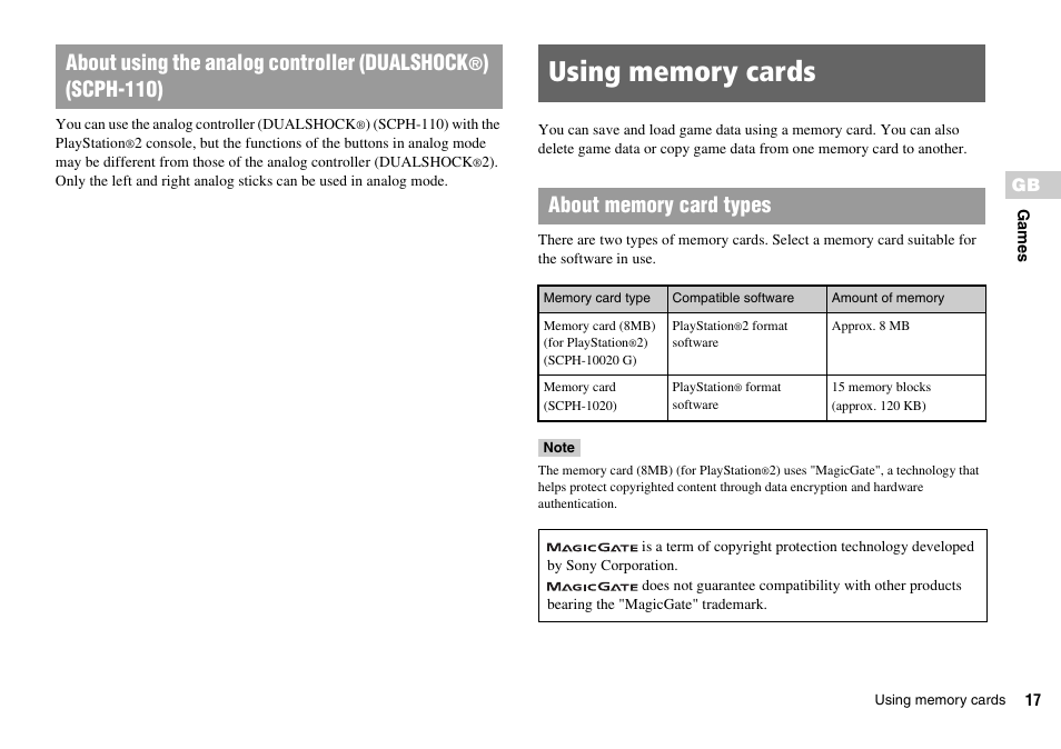 Using memory cards, About using the analog controller (dualshock, Scph-110) | Sony SCPH-75006 User Manual | Page 17 / 104