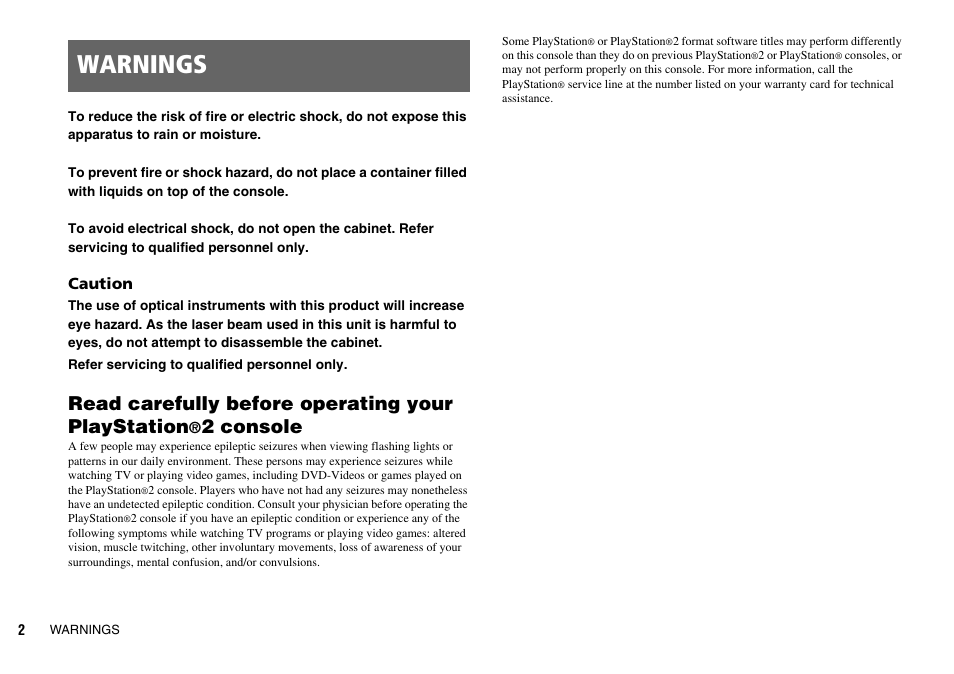 Warnings, Read carefully before operating your playstation, 2 console | Sony SCPH-75006 User Manual | Page 2 / 104