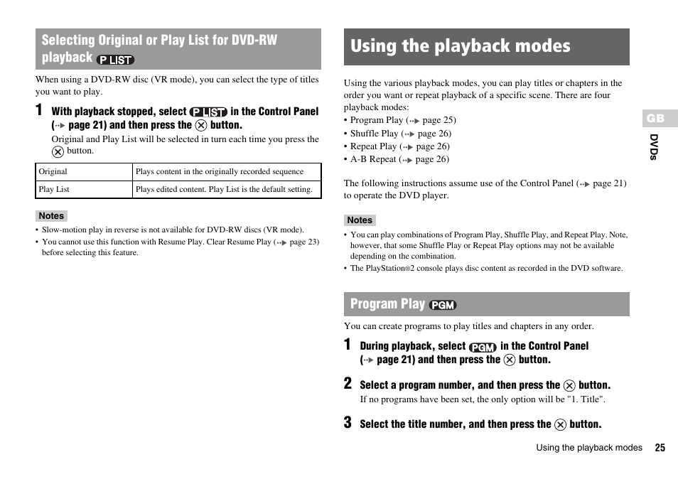 Using the playback modes, Program play | Sony SCPH-75006 User Manual | Page 25 / 104