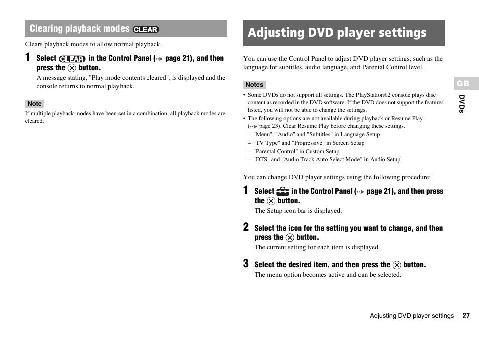 Adjusting dvd player settings, Clearing playback modes | Sony SCPH-75006 User Manual | Page 27 / 104