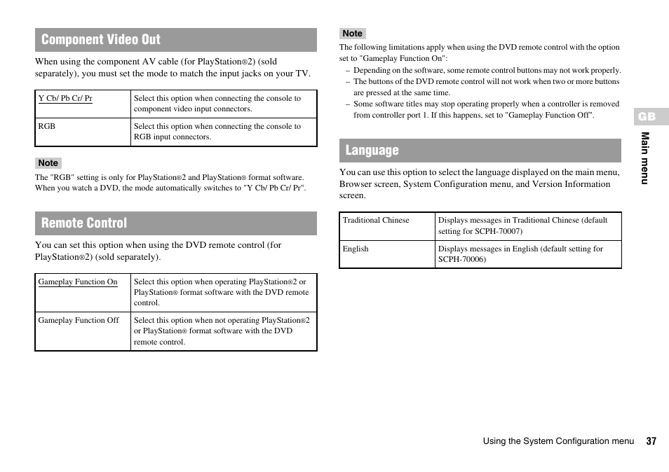 Component video out, Remote control, Language | Sony SCPH-75006 User Manual | Page 37 / 104