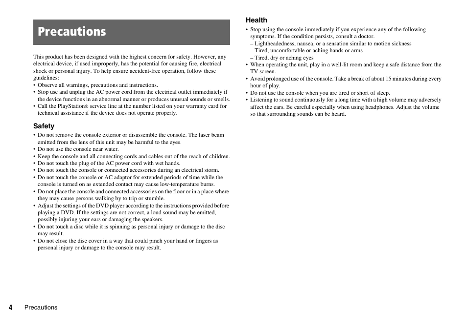 Precautions | Sony SCPH-75006 User Manual | Page 4 / 104