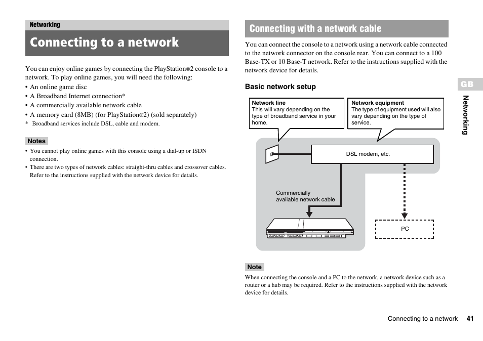 Networking, Connecting to a network, Connecting with a network cable | Sony SCPH-75006 User Manual | Page 41 / 104