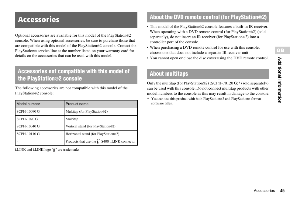 Accessories, 2 console, About the dvd remote control (for playstation | 2) about multitaps | Sony SCPH-75006 User Manual | Page 45 / 104