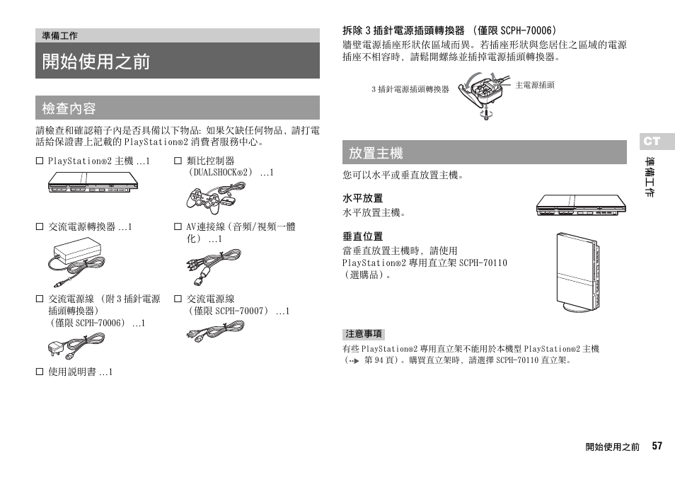 準備工作, 開始使用之前, 檢查內容 | 放置主機 | Sony SCPH-75006 User Manual | Page 57 / 104