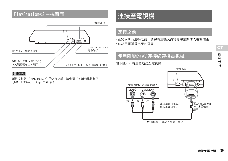 連接至電視機, Playstation, 2 主機背面 | 連接之前 使用附屬的 av 連接線連接電視機 | Sony SCPH-75006 User Manual | Page 59 / 104