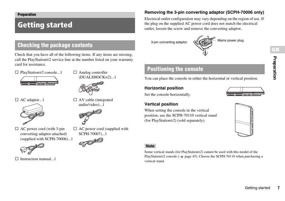 Preparation, Getting started, Checking the package contents | Positioning the console | Sony SCPH-75006 User Manual | Page 7 / 104