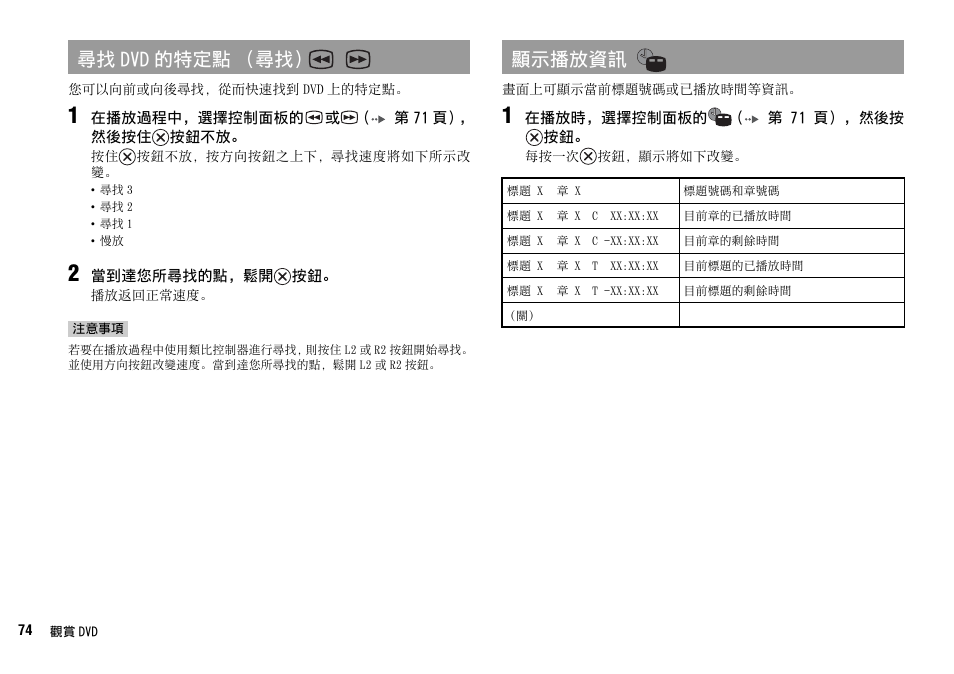 第 74 頁, 尋找 dvd 的特定點 （尋找） 顯示播放資訊 | Sony SCPH-75006 User Manual | Page 74 / 104