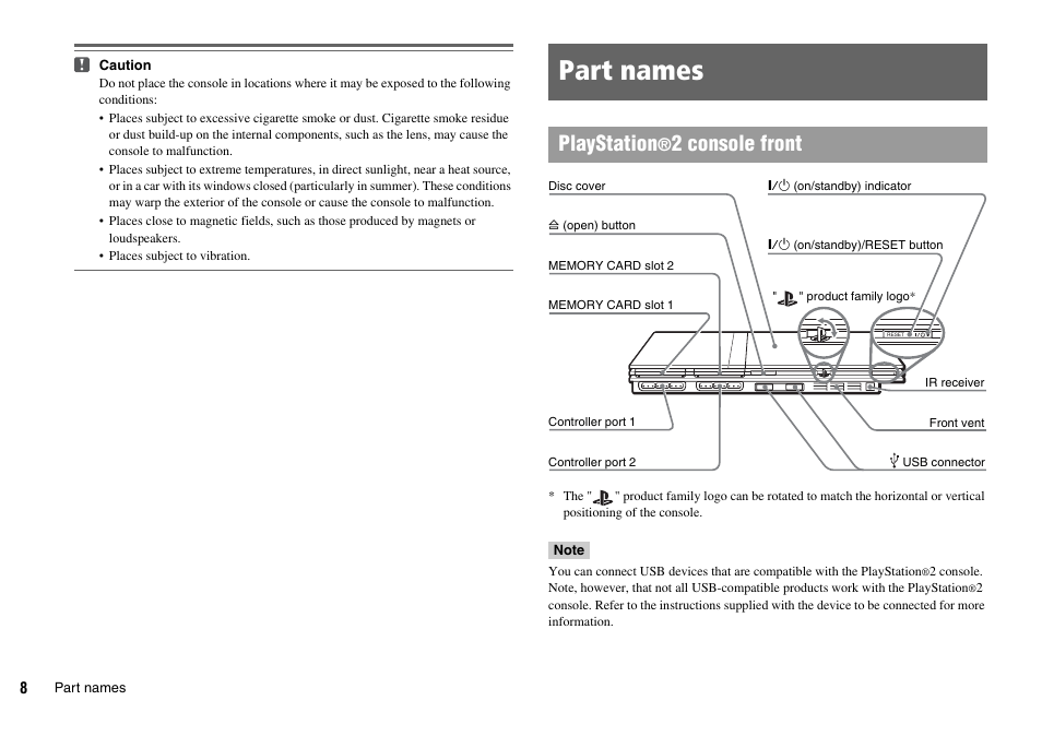 Part names, Playstation, 2 console front | Sony SCPH-75006 User Manual | Page 8 / 104