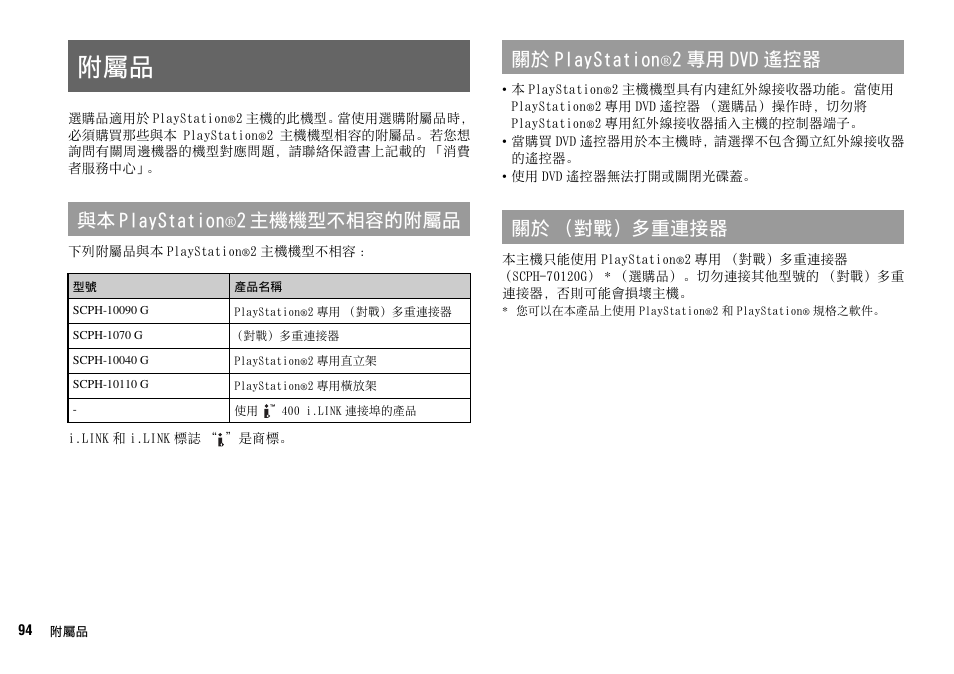 與本 playstation, 2 主機機型不相容的附屬品, 關於 playstation | 2 專用 dvd 遙控器 關於 （對戰）多重連接器 | Sony SCPH-75006 User Manual | Page 94 / 104