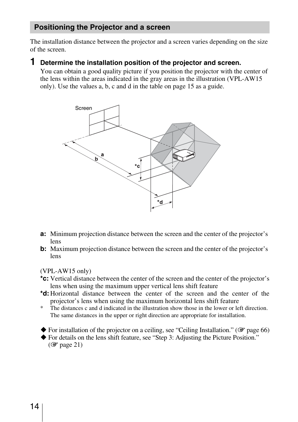 Positioning the projector and a screen, Positioning the projector and a, Screen | Sony VPL-AW10 User Manual | Page 14 / 76