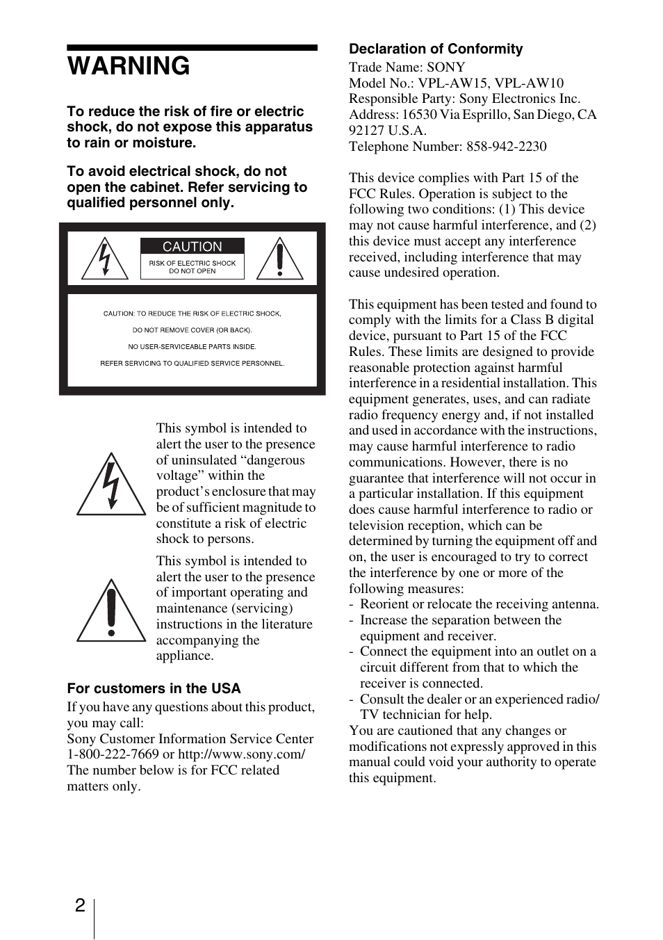 Warning | Sony VPL-AW10 User Manual | Page 2 / 76