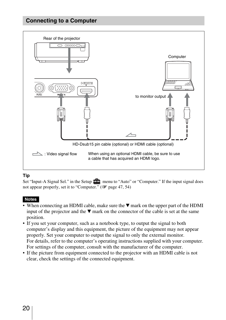 Connecting to a computer | Sony VPL-AW10 User Manual | Page 20 / 76