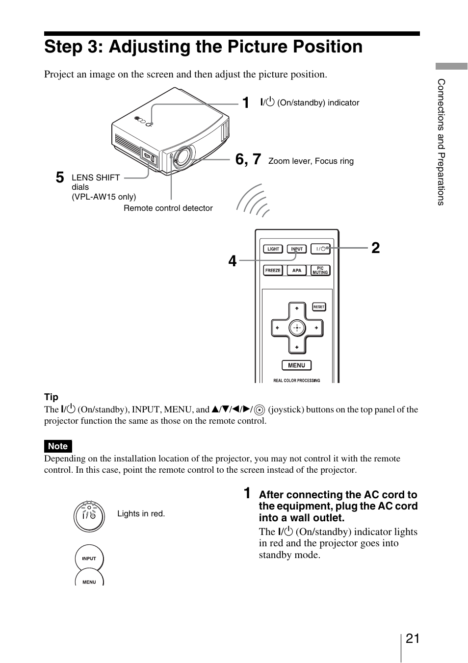 Step 3: adjusting the picture position, Screen | Sony VPL-AW10 User Manual | Page 21 / 76