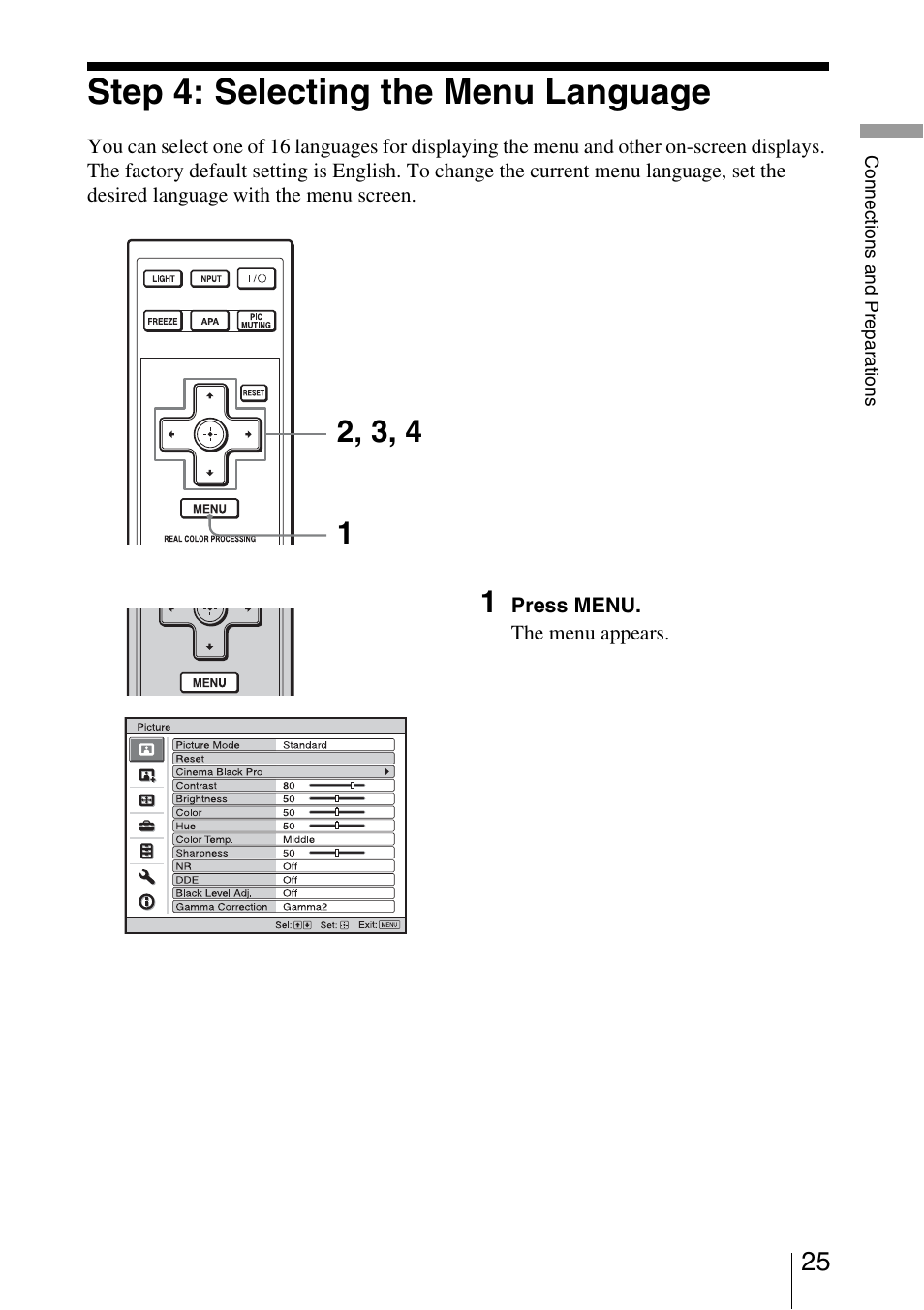 Step 4: selecting the menu language | Sony VPL-AW10 User Manual | Page 25 / 76