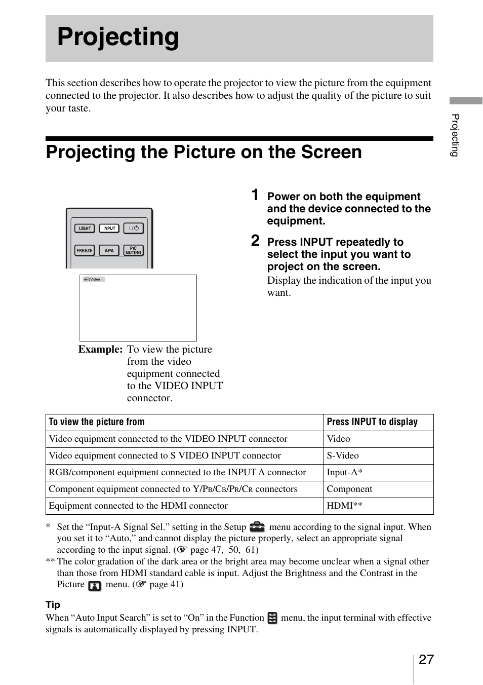 Projecting, Projecting the picture on the screen, Ange | Sony VPL-AW10 User Manual | Page 27 / 76