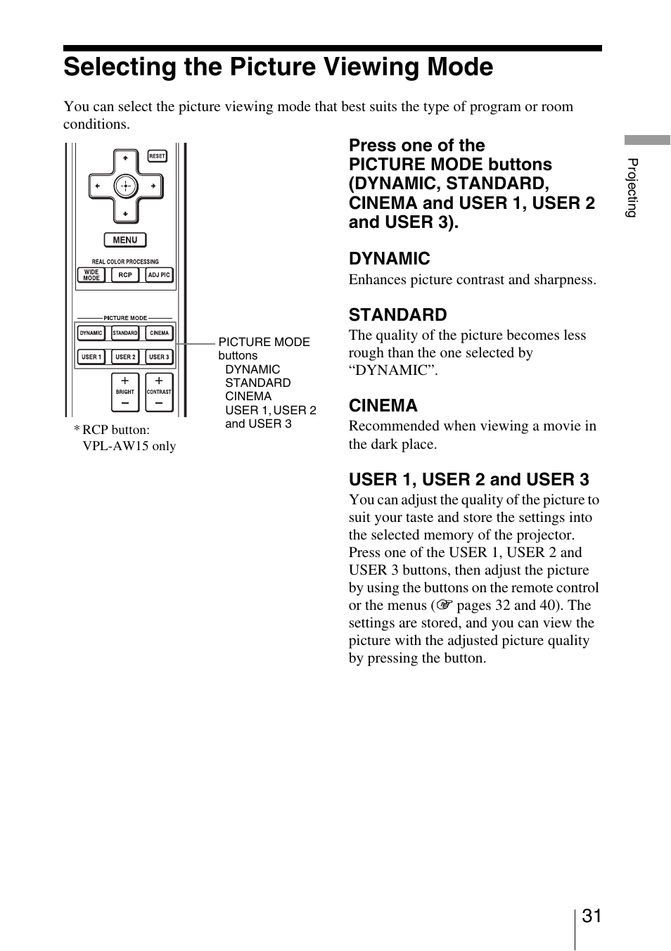 Selecting the picture viewing mode | Sony VPL-AW10 User Manual | Page 31 / 76