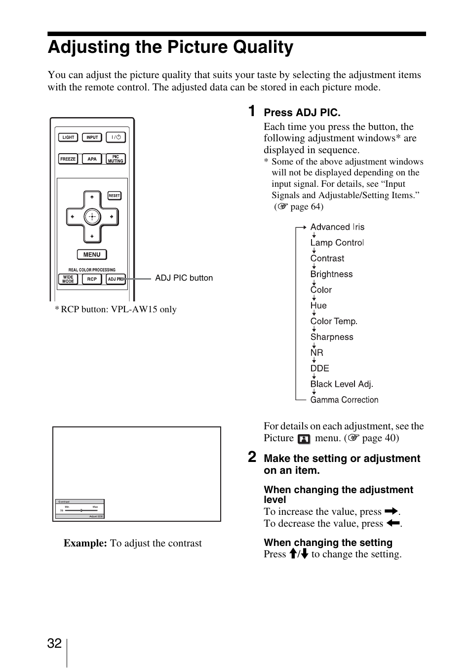 Adjusting the picture quality | Sony VPL-AW10 User Manual | Page 32 / 76