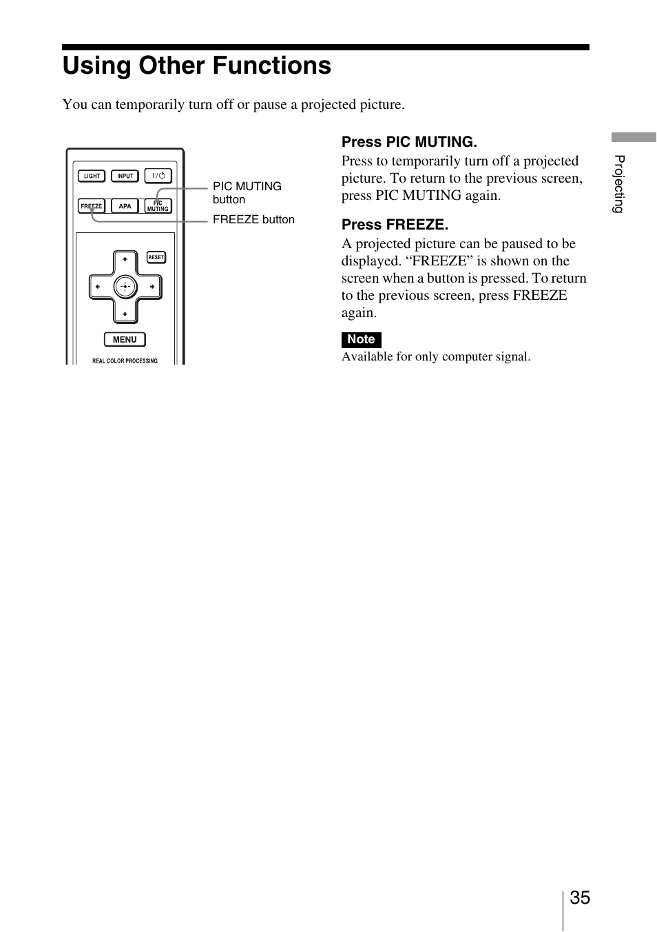 Using other functions | Sony VPL-AW10 User Manual | Page 35 / 76