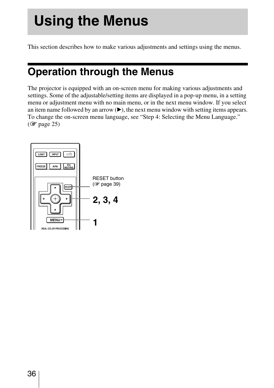 Using the menus, Operation through the menus | Sony VPL-AW10 User Manual | Page 36 / 76