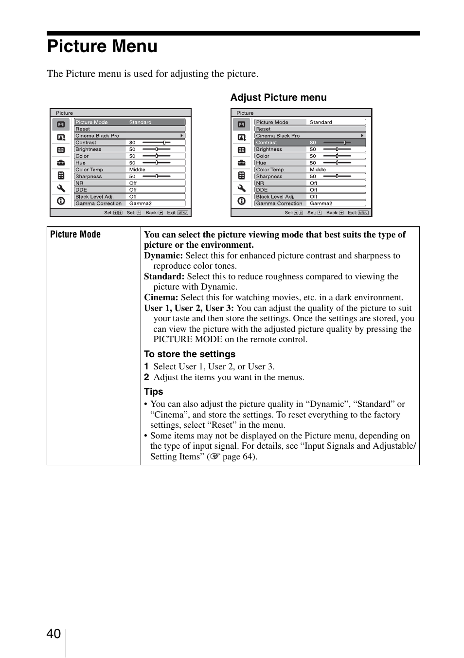 Picture menu, Menu | Sony VPL-AW10 User Manual | Page 40 / 76